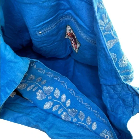 JOHNNY WAS Yadira Wide Strap Linen Tote Bag DVA Blue Embroidered Elephant NWT - Picture 10 of 11